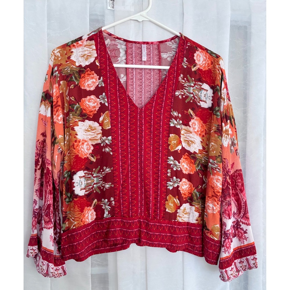 JW Style Womens XS Red Floral Paisley V-Neck Bell Sleeve‎ Boho Blouse Top